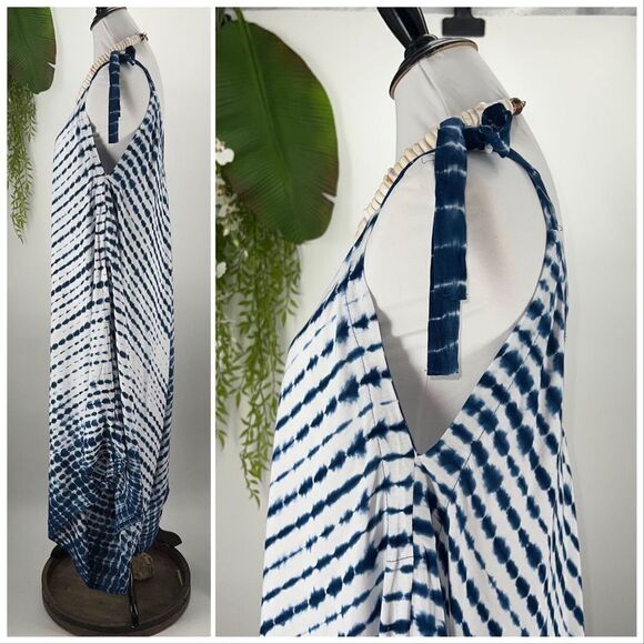 The Pō`alima Romper Blue/White V-Neck V Back Shoulder Tie  Boho Gypsy  Wide Leg - Picture 7 of 15